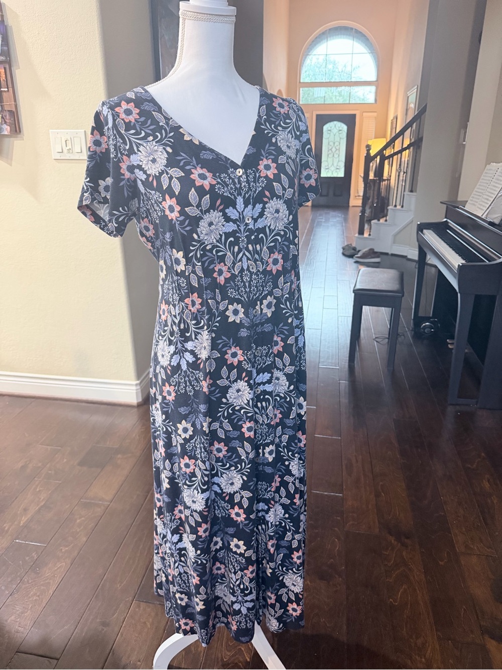 J. Jill Navy Floral Maxi Dress with Pink and White Flowers